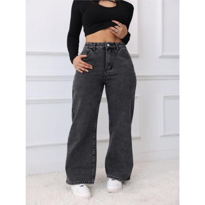 Women's Fleece Jeans, Comfortable Casual Fashion, Super Stretch Embroidered Pocket Classic Button Close, Perfect For Women, Autumn And Winter, Super Stretch Fabric, Embroidered Pocket, Straight Pant Style, Christmas New Year Gift